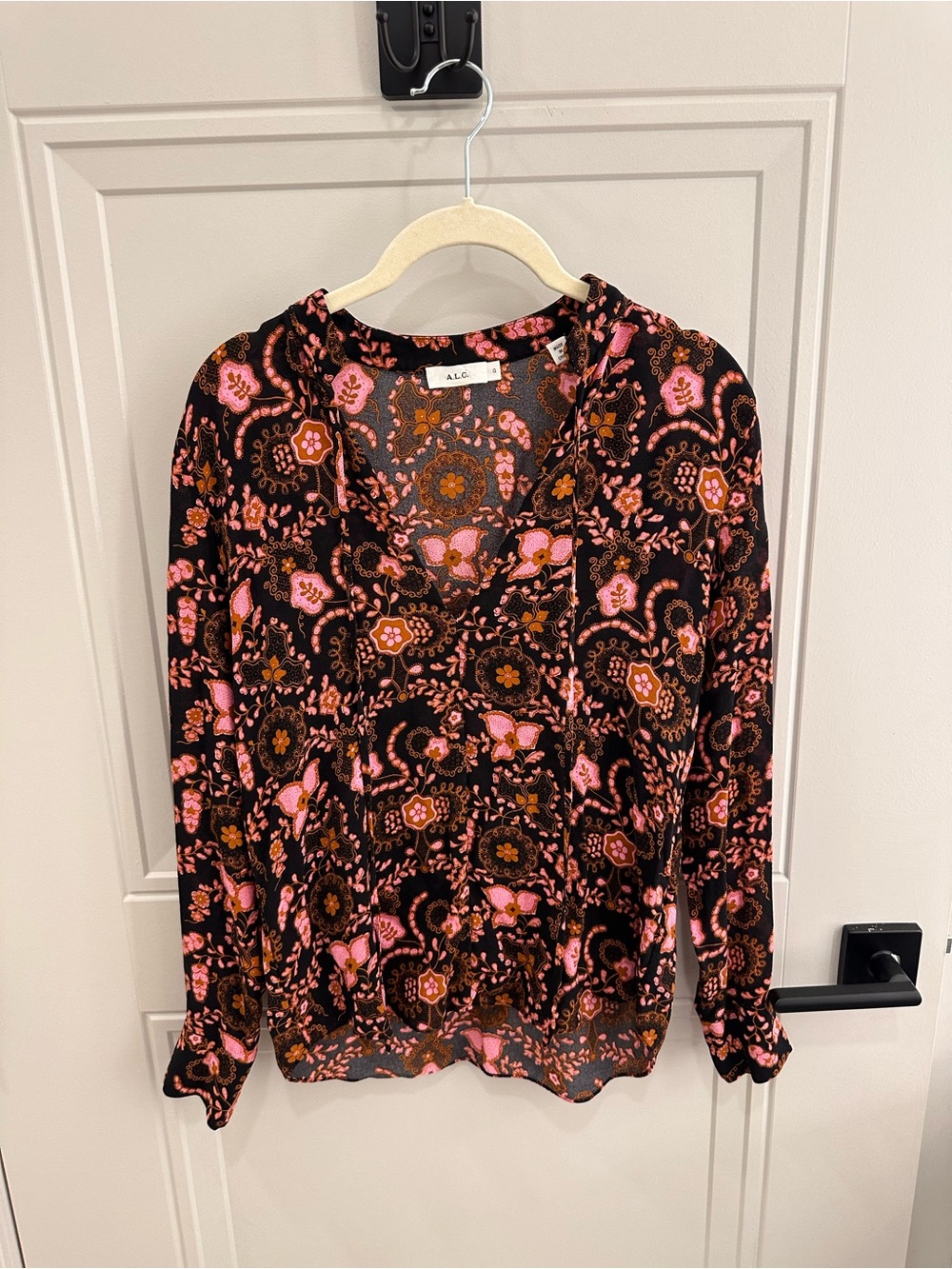 A.L.C. Floral V-Neck Hoodie Top - Black, Pink & Brown